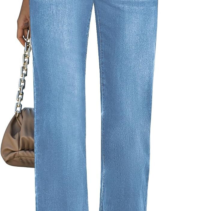 Straight Leg Jeans for Women High Waisted Stretchy Frayed Raw Hem Loose Denim Pants Casual Baggy Jean Trousers