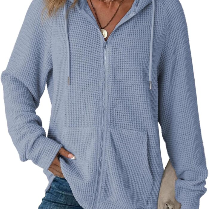 Women's Full-Zip Hoodie – Waffle-Knit Long-Sleeve Drawstring Casual Sweatshirt