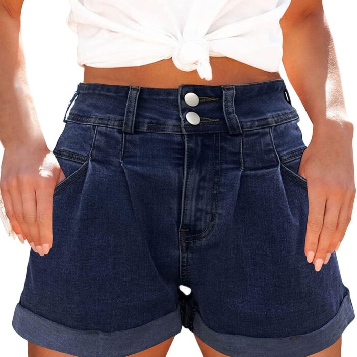 Womens Relaxed Fit Casual High Waist Pocketed Denim Shorts