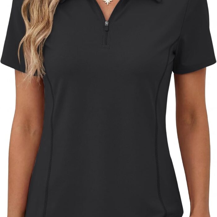 Women’s Short Sleeve Athletic Polo Shirt High Performance Stretch Quarter Zip Top for Golf Tennis
